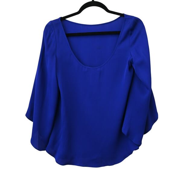 Milly Blouse Size 4 Blue Silk 3/4 Tulip Sleeve Scoop Neck Top - Picture 3 of 5